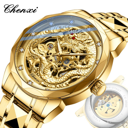 CHENXI 8899 Chinese Nation Culture and Art 3D Embossed Dragon Pattern Gold Automatic Mechanical Stainless Steel Watches for Men