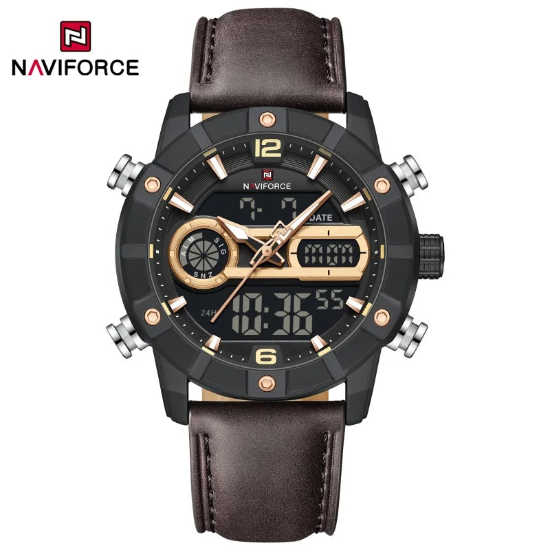 NAVIFORCE NF9263 Waterproof Watch Luminous Display Genuine Leather Strap Multi-Function Chronograph Countdown Timer Alarm NF9263