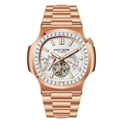 Reef Tiger Men Automatic Watch Luxury 44mm Square Mechanical Wristwatch Sapphire Luminous Skeleton Dial Date 24 Hours