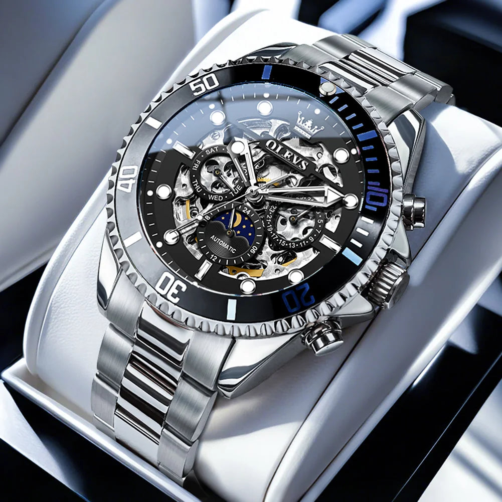 OLEVS 6715 Men's Watch Hollow Date Automatic Mechanical Watch For Men 43mm Big Dial Moon Phase Fashion Waterproof Man Wristwatch