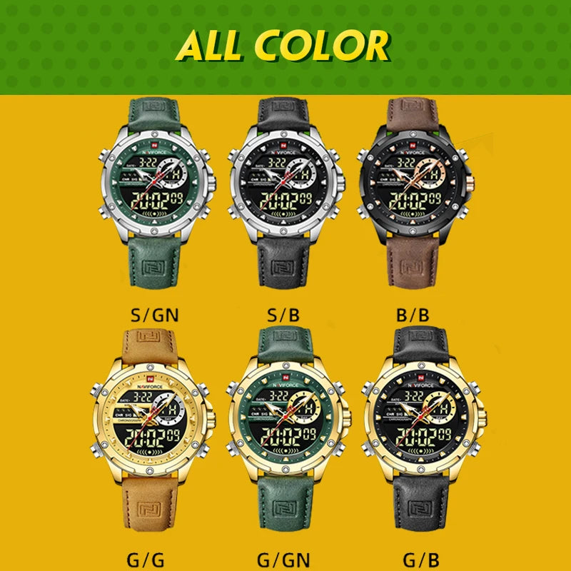 NAVIFORCE Original Men's Dual Time Luxury Sport Watch Casual Chronograph Alarm Quartz Wristwatch Leather Strap Waterproof Clock