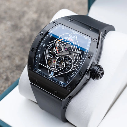 OBLVLO Men Automatic Watch 43mm Mechanical Tonneau Case Wristwatch Skeleton Racing Dial 50M Waterproof Luminous Miyota 82S7
