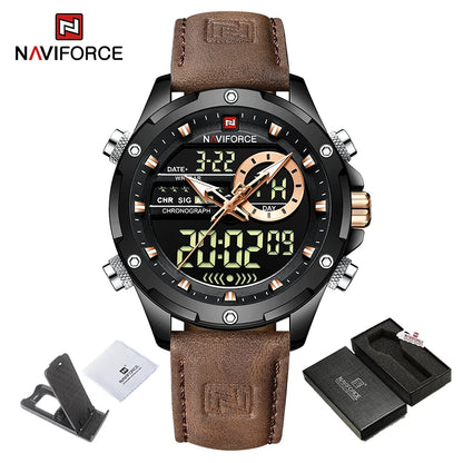 NAVIFORCE Classic Brand Man Genuine Leather Waterproof Wrist Watch Sports Casual Male Quartz Digital Military Chronograph Clocks