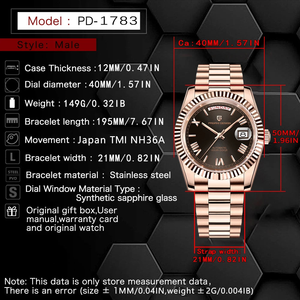 PAGANI DESIGN 2026 New Luxury Rose Gold DD40 Automatic Watch For Men NH36A Mechanical Wristwatch Men Stainless steel Waterproof