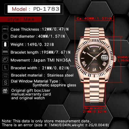 PAGANI DESIGN 2026 New Luxury Rose Gold DD40 Automatic Watch For Men NH36A Mechanical Wristwatch Men Stainless steel Waterproof