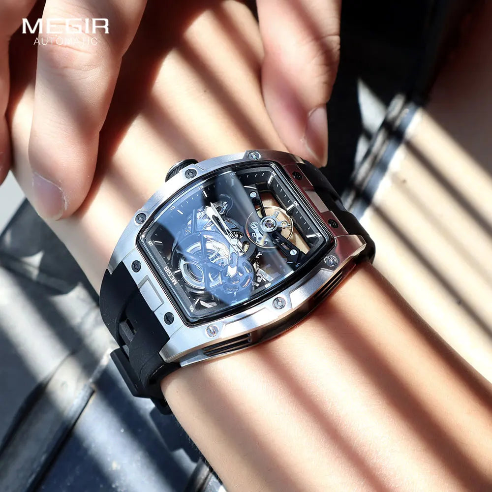 MEGIR Men Wristwatch Fashion Black Waterproof Automatic Mechanical Watch with Luminous Hands Silicone Strap Tonneau Dial 2242