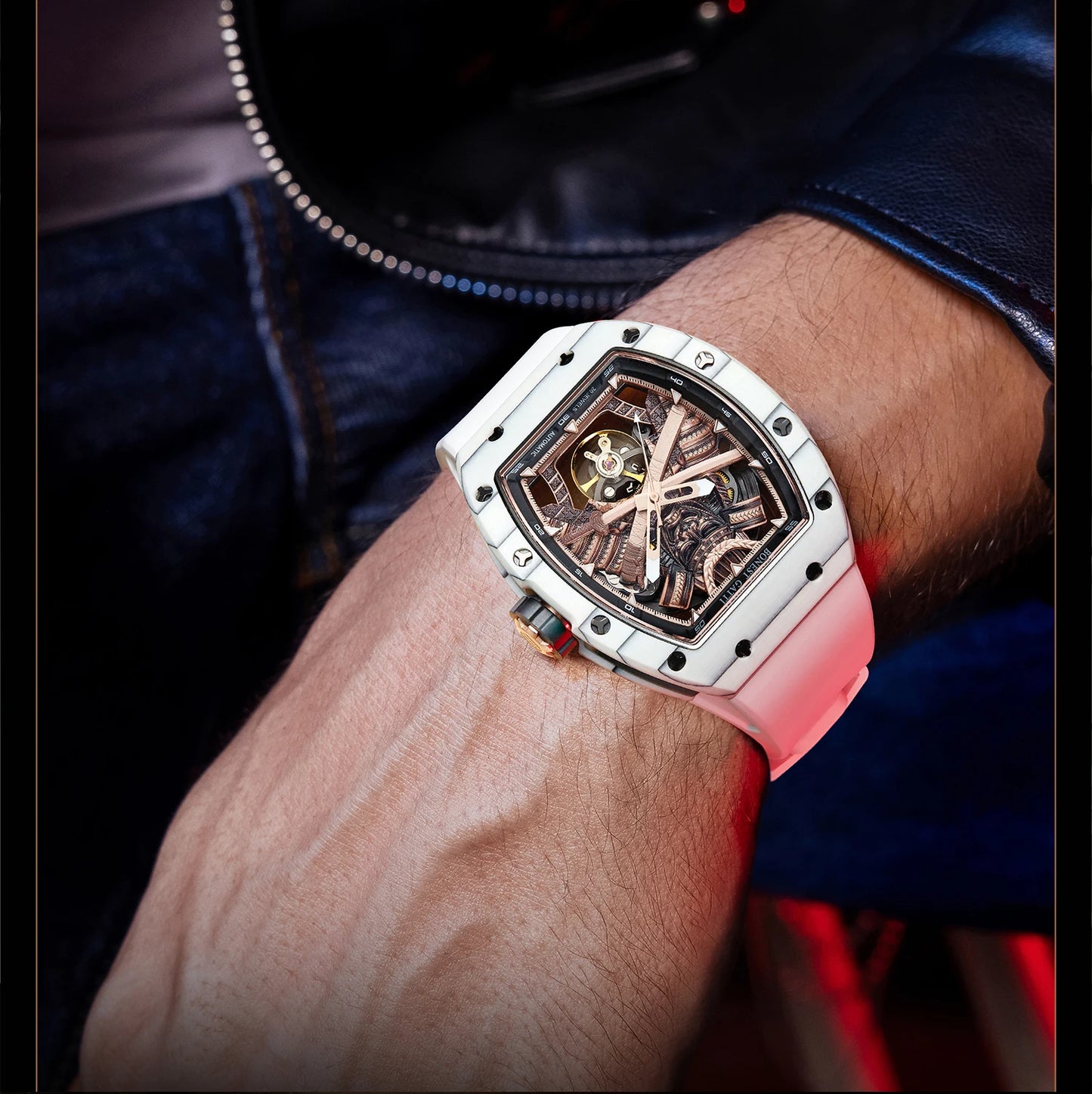 BONEST GATTI Men Automatic Watch 42*54mm Tonneau Carbon Fiber Mechanical Wristwatch Luminous Ninja Dial Sapphire Mirror