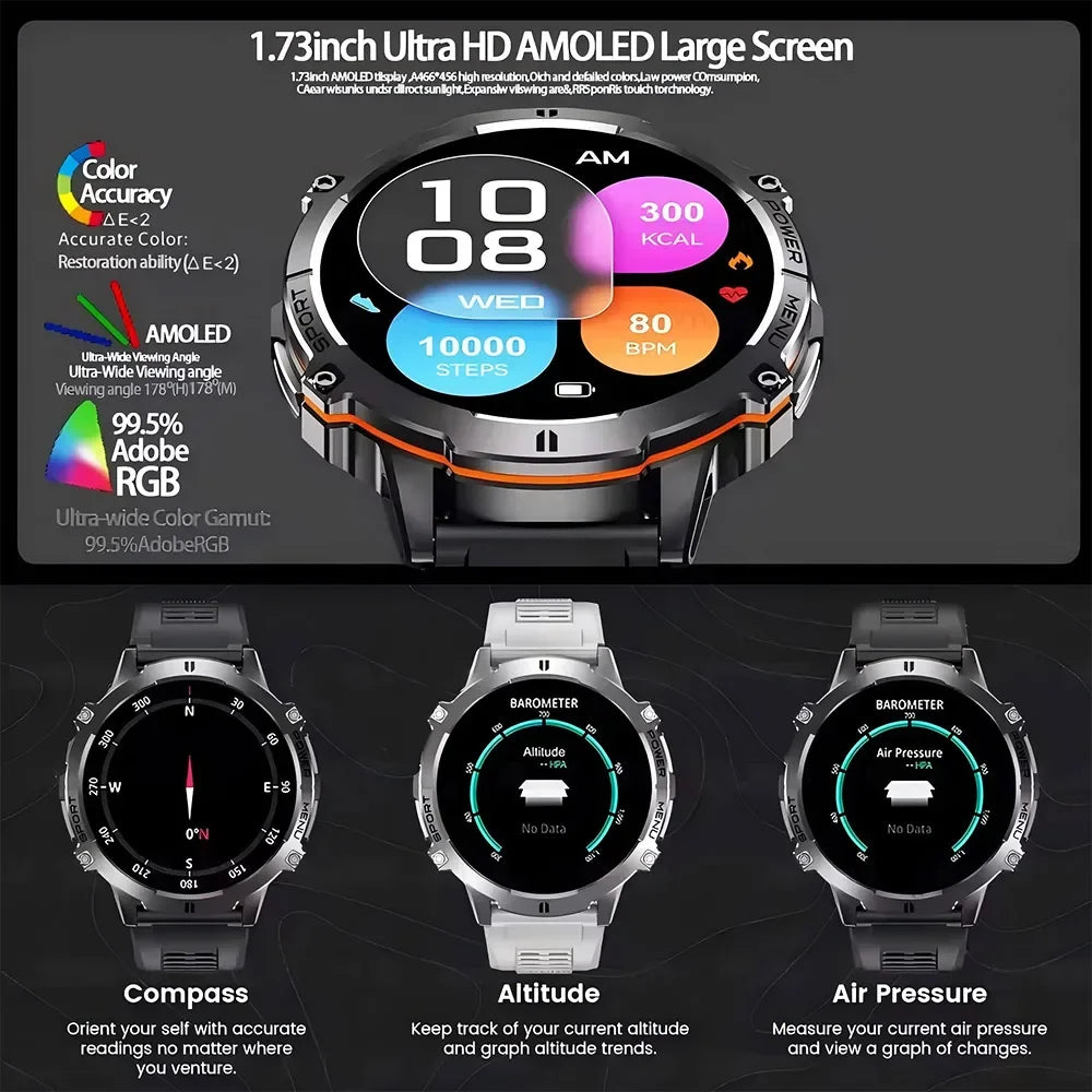 2026 Military TANK X3 Smart Watch Men 1.73" AMOLED Screen 5ATM Waterproof 1000mAh Battery GPS Sports Fitness Track Smart Watches