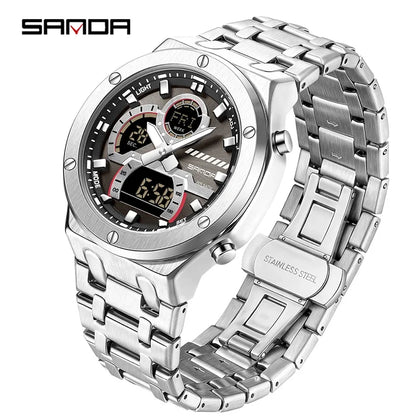 SANDA Fashion Men's Quartz Watch Multifunction Chronograph LED Display Wristwatch Waterproof Stainless Steel Men's Digital Clock