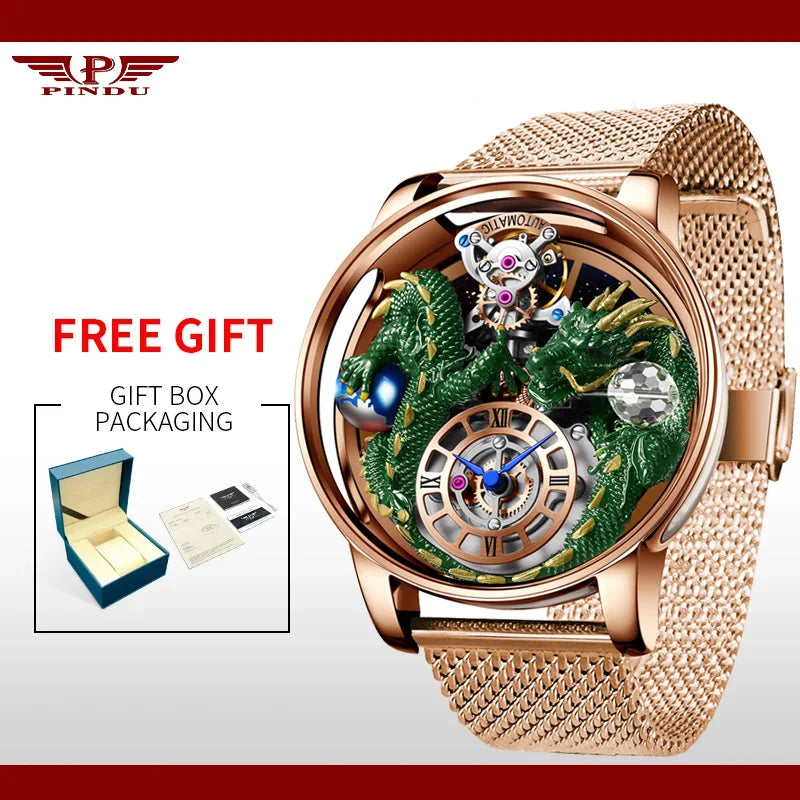 PINDU Design Celestial Body Series Traditionnelle Artisanat Three Dimensional Dragon Men Watch Curved Mirror Transparent Globe