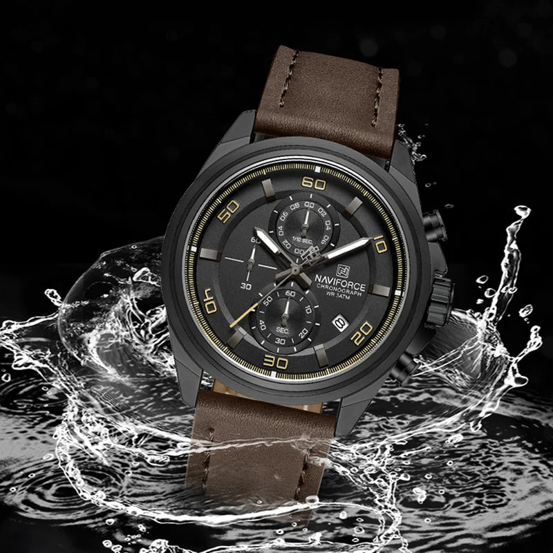 NAVIFROCE Business Casual Mens Watch 3ATM Water-Resistant Calendar Luminous Dial With Leather Strap For Gifts Original Design