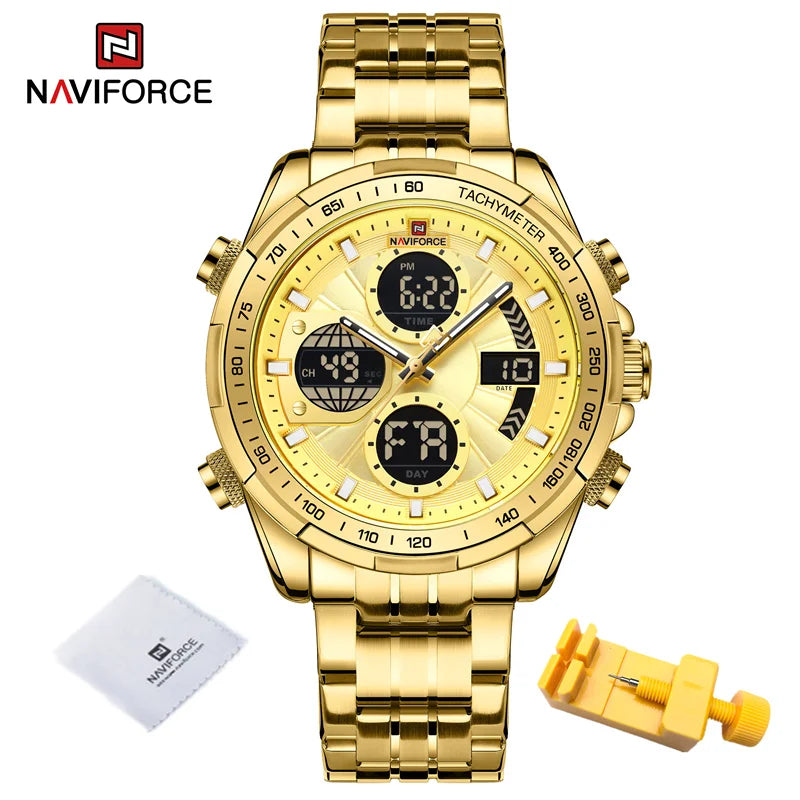 Top Luxury NAVIFORCE Gold Watches for Men Quartz Military Digital Sports Wrist Watch Steel Band Waterproof Luminous Alarm Clock