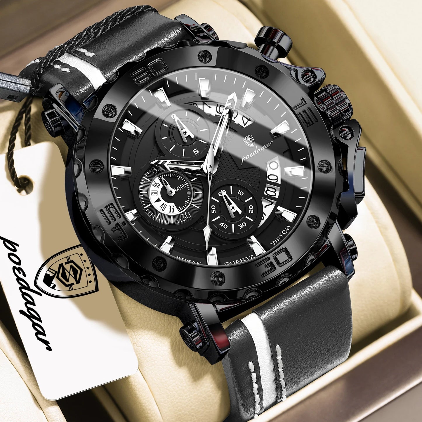 POEDAGAR Original Watches For Man Waterproof Luminous Date Fashion Male Clock Chronograph Leather Quartz Sports Men's Wristwatch