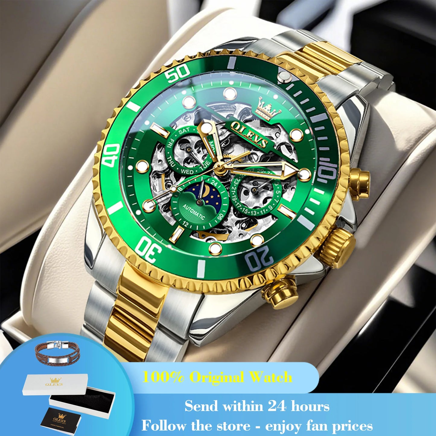 OLEVS 6715 Men's Watch Hollow Date Automatic Mechanical Watch For Men 43mm Big Dial Moon Phase Fashion Waterproof Man Wristwatch