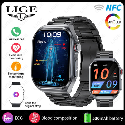 LIGE AMOLED Smart Watch ET585 Men ECG Blood Compositoin Health Monitoring Bluetooth Call Women Sports Fitness Tracker Smartwatch