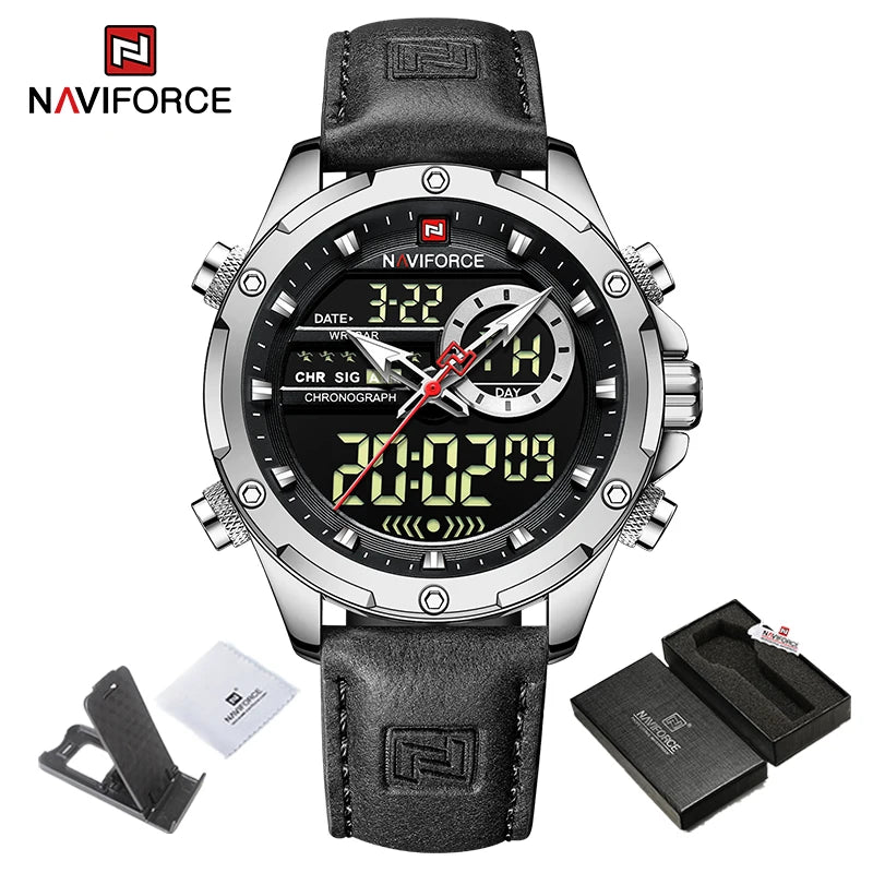 NAVIFORCE New Men Watches Business Genuine Leather Quartz Chronograph Luxury Brand Luminous Wristwatch Analog Digital Male Clock