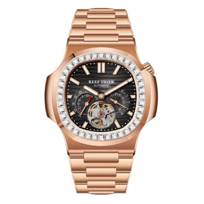 Reef Tiger Men Automatic Watch Luxury 44mm Square Mechanical Wristwatch Sapphire Luminous Skeleton Dial Date 24 Hours