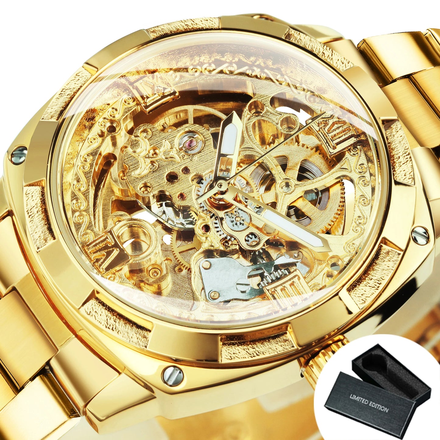 Forsining Gold Mens Watches Top Brand Luxury Skeleton Automatic Mechanical Watch for Men Stainless Steel Band Fashion Wristwatch