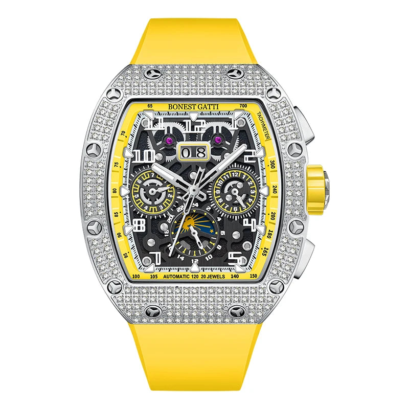 BONEST GATTI Automatic Watch Tonneau Mechanical Wristwatch Diamond Bezel Rubber Strap Watches For Men
