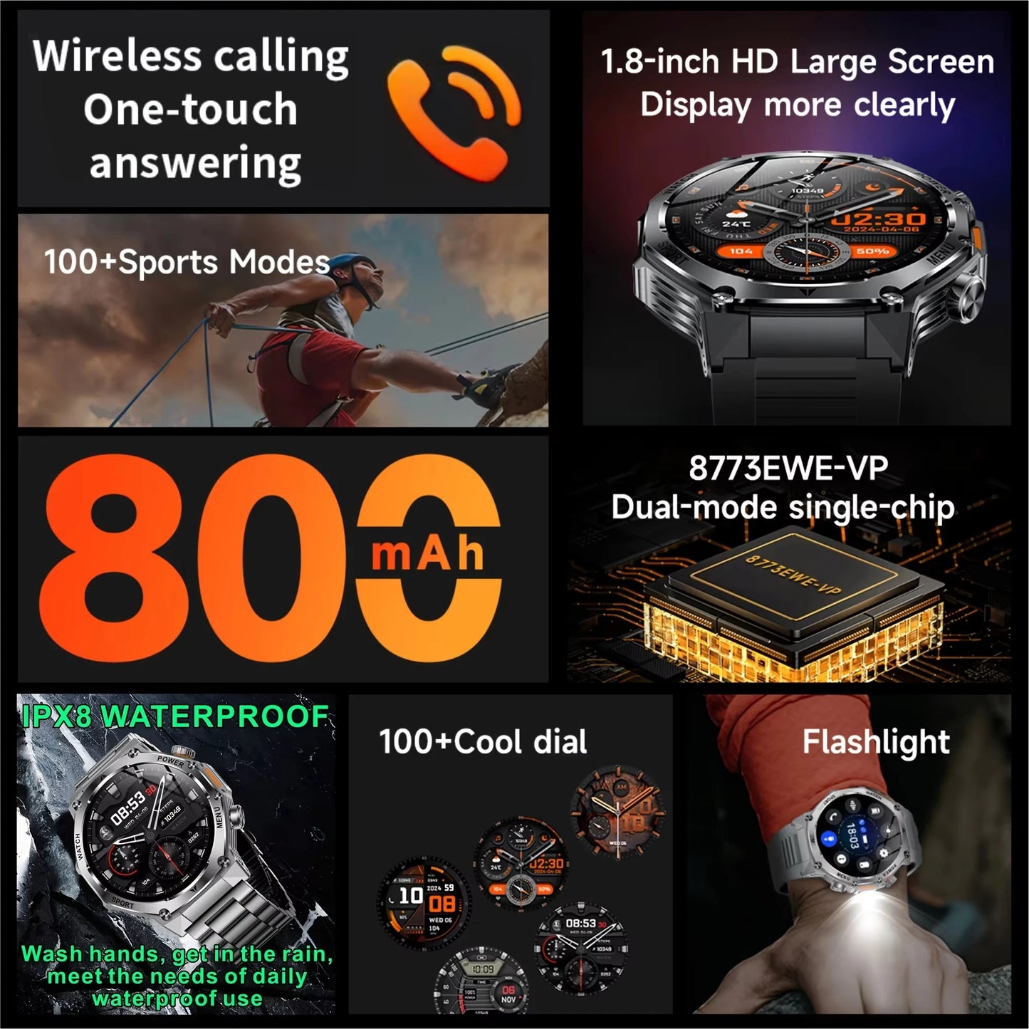 New Rugged Outdoor Sports Smartwatch 1.8" 390*390HD screen 800mAh Long Battery Life Fitness Tracker Calorie Distance Smart Watch