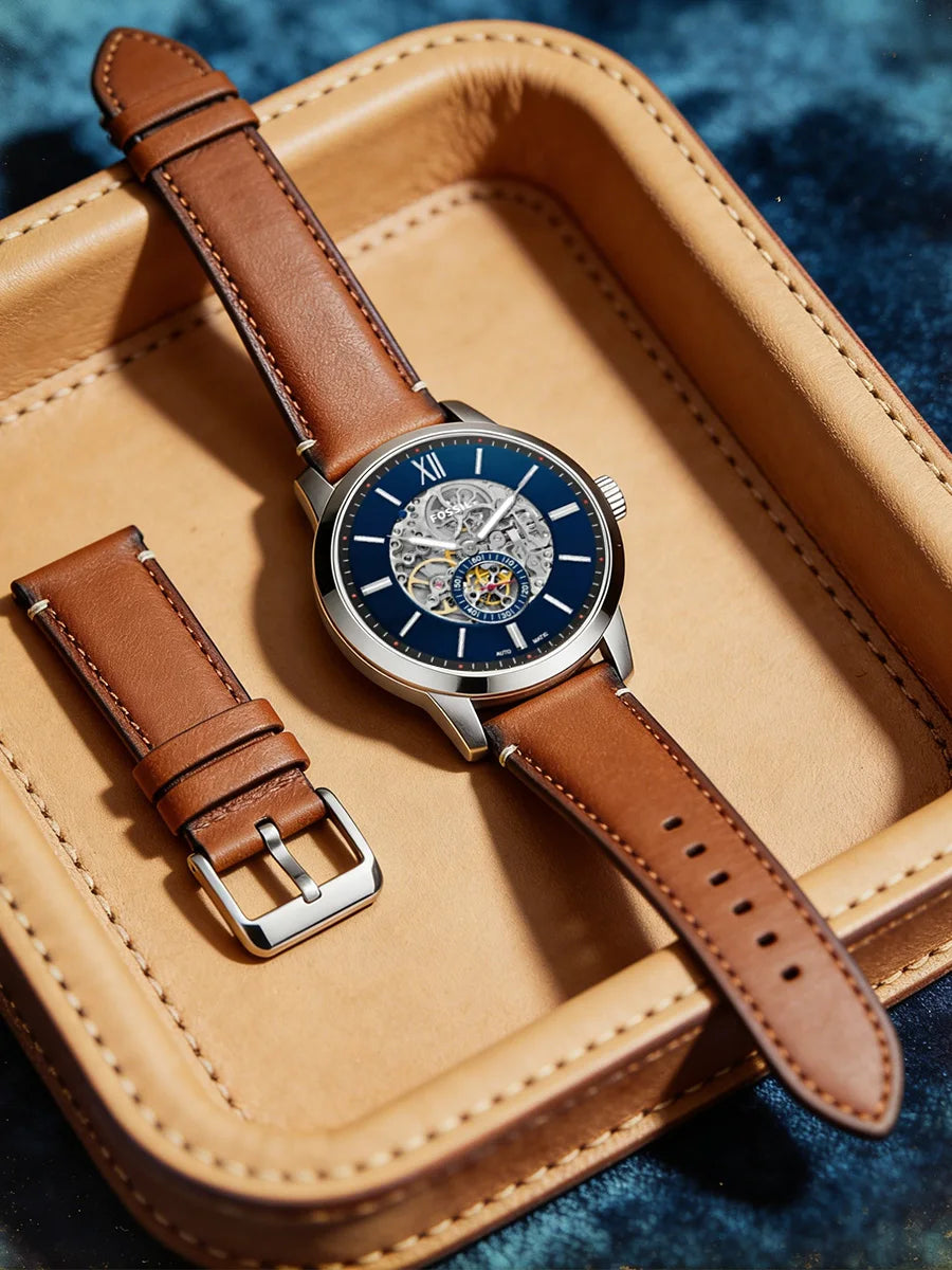 Fossil Men's Automatic Mechanical Watch Skeleton Dial Visible Movement Leather Strap Blue Navy Business Dress Gift Boyfriend