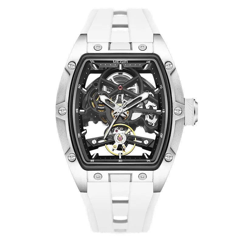 MEGIR Men Wristwatch Fashion Black Waterproof Automatic Mechanical Watch with Luminous Hands Silicone Strap Tonneau Dial 2242