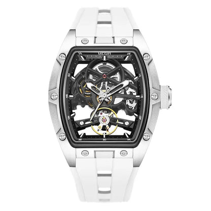 MEGIR Men Wristwatch Fashion Black Waterproof Automatic Mechanical Watch with Luminous Hands Silicone Strap Tonneau Dial 2242