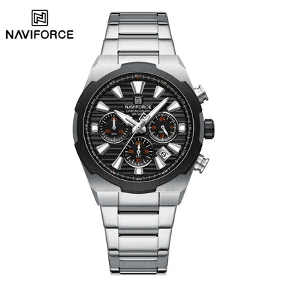 NAVIFORCE Men's Quartz Watch Multifunctional Calendar Stopwatch Luminous 30ATM Waterproof Stainless Steel Band Wristwatch