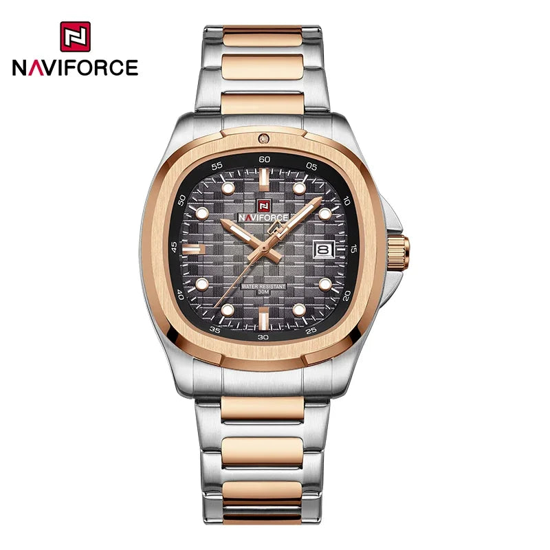 NAVIFORCE Fashion Men's Business Quartz Watch Stainless Steel Luminous Calendar Clock Male Square Dial Sports Wristwatch
