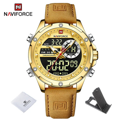 NAVIFORCE New Men Watches Business Genuine Leather Quartz Chronograph Luxury Brand Luminous Wristwatch Analog Digital Male Clock