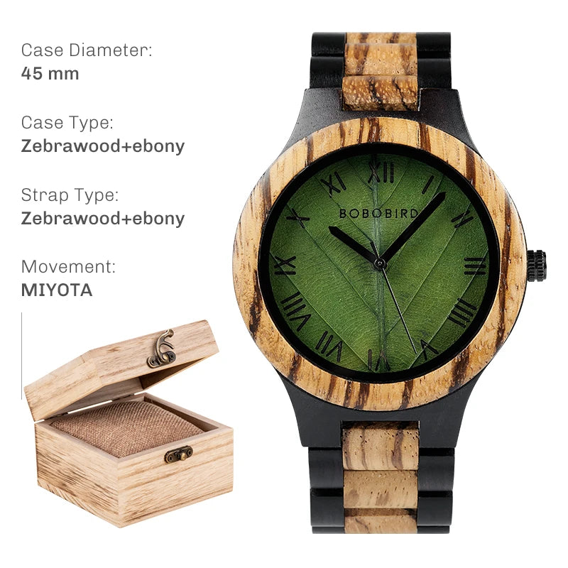 BOBO BIRD Men's Wood Watch with Genuine Leaf, Original Wooden Clock, Wooden Watch, Handmade Watch, Anniversary Gift for Man