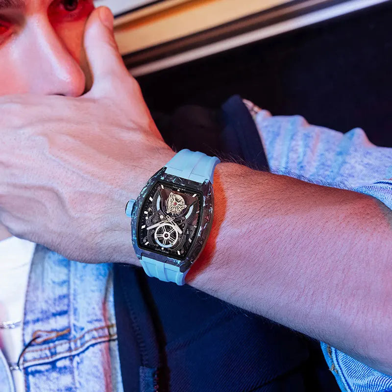 BONEST GATTI 2025 New Luxury Men Automatic Mechanical Tourbillon Skeleton Carbon Fiber Luminous Barrel Case Wristwatch