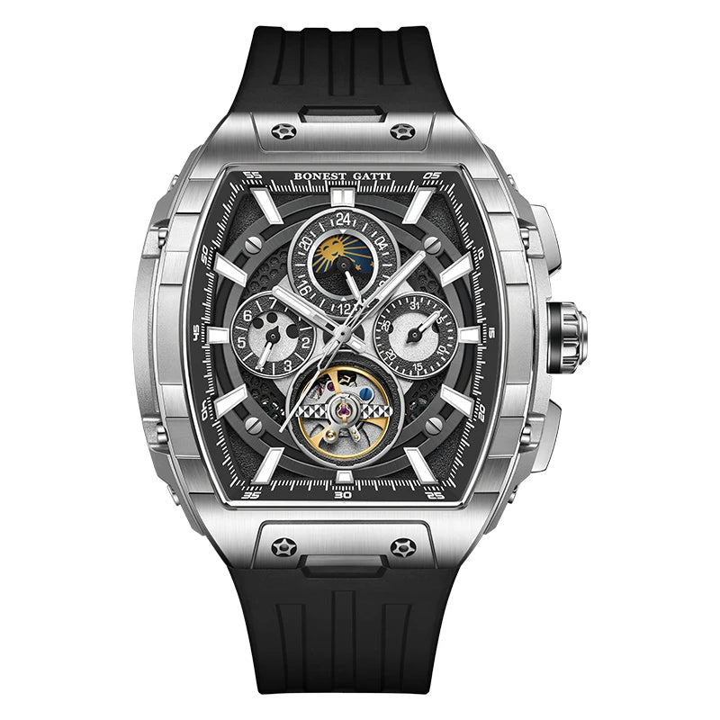 BONEST GATTI Men Automatic Watch 47 mm Tonneau Mechanical Wristwatch Waterproof Sapphire Luminous Multi-Dial Week Date 24 Hours