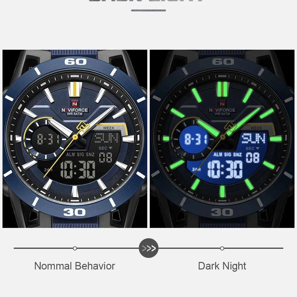 NAVIFORCE Men's 5ATM Waterproof Dual Time Watch Fashion Sport Countdown Alarm Chronograph Wristwatch Man chronograph Alarm Clock