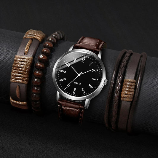 ChronoState Arabic Vintage Set – 4PCS Quartz Watch & Bracelet Collection | Leather Band Men’s Gift Set