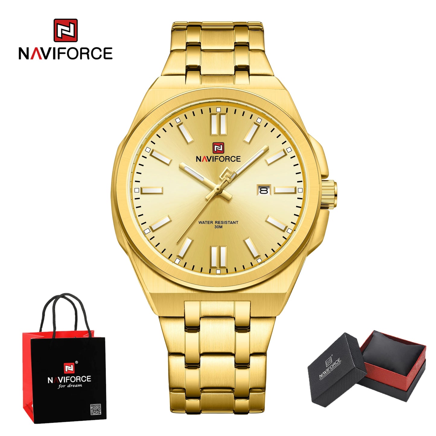 Top NAVIFORCE Men's Luxury Business Quartz Watch Luminous Steel Band Waterproof with Calendar Male Wristwatch Gift Reloj Hombre