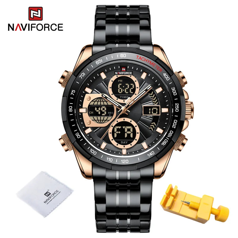 Top Luxury NAVIFORCE Gold Watches for Men Quartz Military Digital Sports Wrist Watch Steel Band Waterproof Luminous Alarm Clock