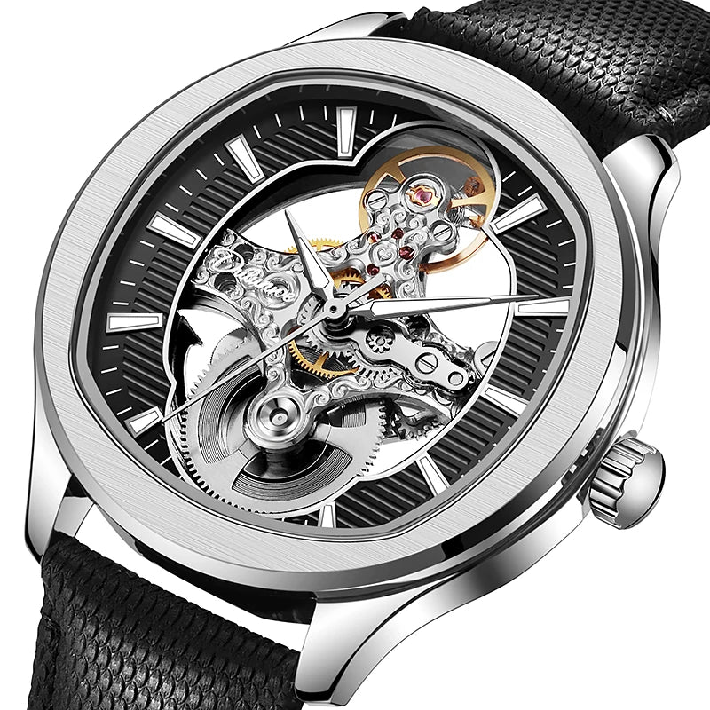 Lnverted Tourbillon Design Watch Leather Strap Waterproof Luxury Sports Men Skeleton Automatic Mechanical Watch