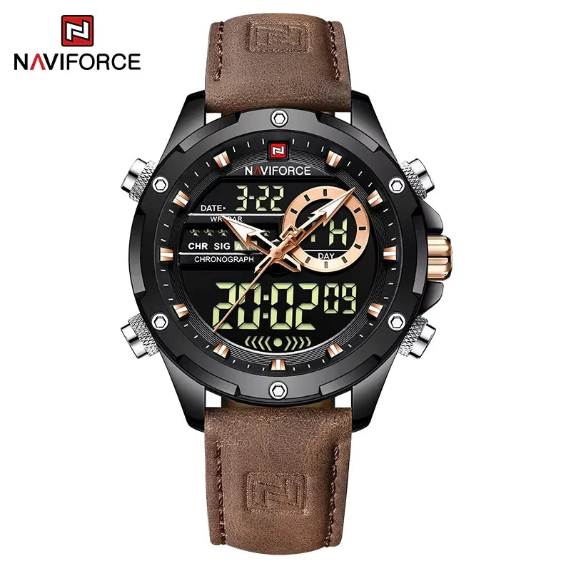 NAVIFORCE Fashion Watches male Casual Genuine Leather Wristwatch Military Waterproof Digital Chronograph Quartz Man Alarm Clocks