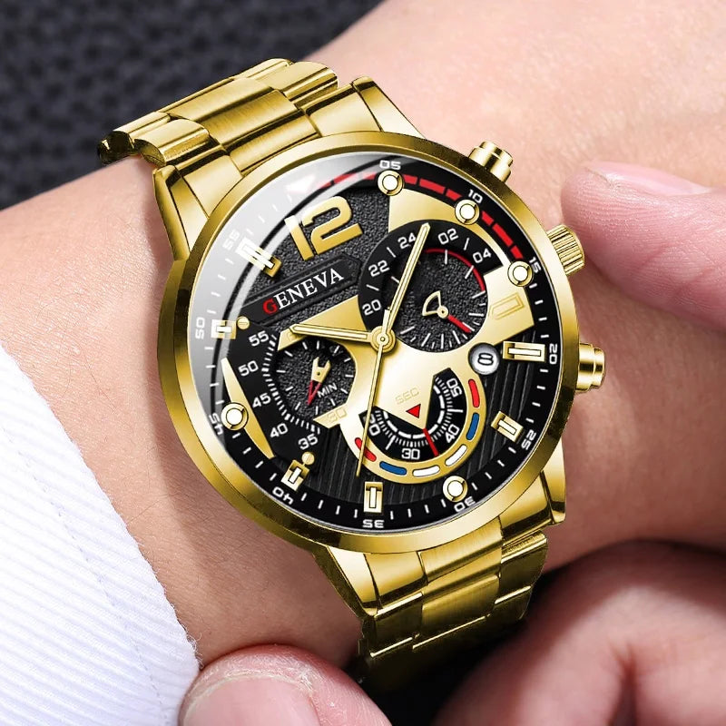 4pcs/set Men Business Watches Fashion Gold Steel Band Analog Male's Quartz Watch Jewelry Set（Without Box）