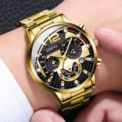 4pcs/set Men Business Watches Fashion Gold Steel Band Analog Male's Quartz Watch Jewelry Set（Without Box）
