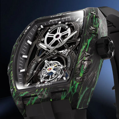 BONEST GATTI 2025 New Luxury Men Automatic Mechanical Tourbillon Skeleton Carbon Fiber Luminous Barrel Case Wristwatch