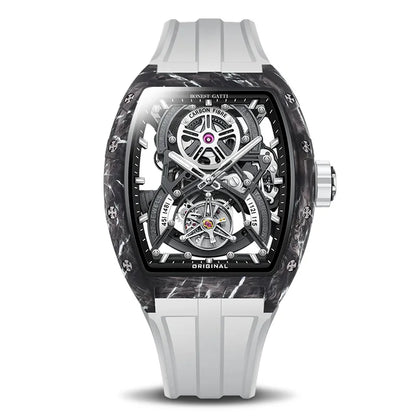 BONEST GATTI 2025 New Luxury Men Automatic Mechanical Tourbillon Skeleton Carbon Fiber Luminous Barrel Case Wristwatch