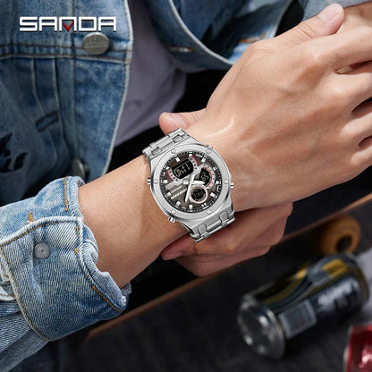 SANDA Fashion Men's Quartz Watch Multifunction Chronograph LED Display Wristwatch Waterproof Stainless Steel Men's Digital Clock