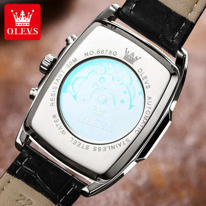 OLEVS 6675 Original Automatic Men's Watches Luxury Brand Square Dial Moon Phase Hollowed Flywheel Mechanical Wristwatch for Man