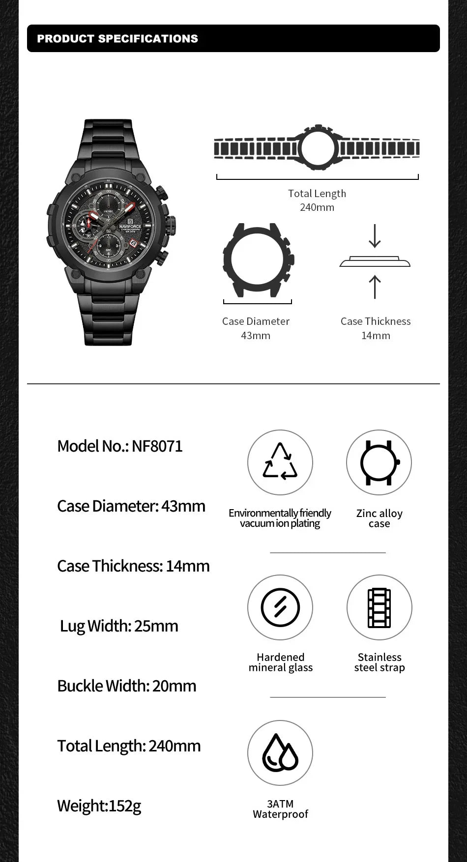 NAVIFORCE Man Watch Fashion Sports Chronograph Waterproof Men's Watches Calendar Display Military Quartz Male Watch Reloj Hombre