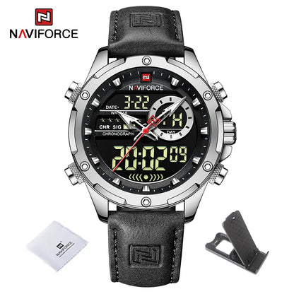 NAVIFORCE Classic Brand Man Genuine Leather Waterproof Wrist Watch Sports Casual Male Quartz Digital Military Chronograph Clocks