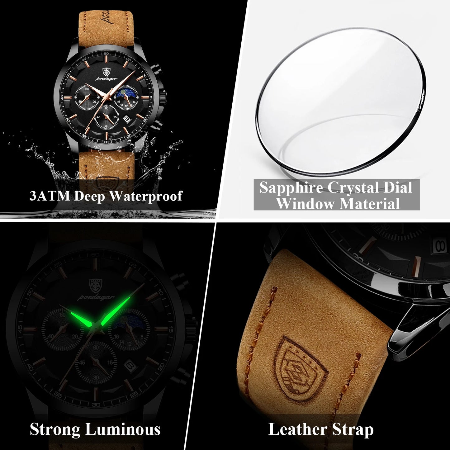 POEDAGAR Original Military Men Clock Waterproof Luminous Leather Quartz Man Watch Chronograph Date Luxury Business Men's Watches