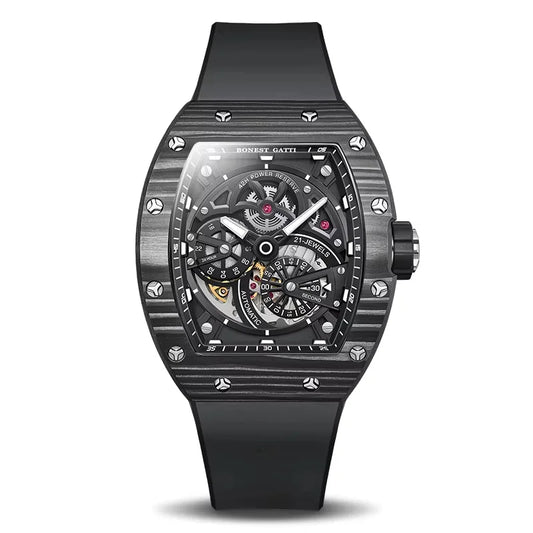 ChronoState BONEST GATTI Carbon Tonneau – Automatic Mechanical Watch | Luminous Fluororubber Luxury Timepiece