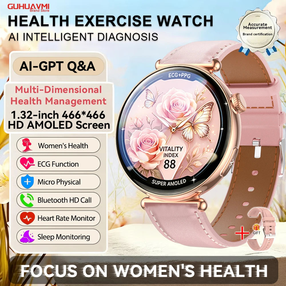 2026 New Women AI Smart Diagnosis Smart Watch HRV+ECG Uric Acid Blood Oxygen Health Monitor IP68 Waterproof Sports Smart Watches